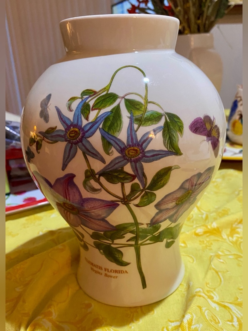 Portmeirion Clematis Porcelain Vase - White with Blue & Green Floral on white EC